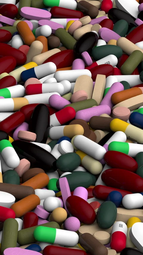 Flying over endless pills pile - 3d render looped. Video stock 325033277
