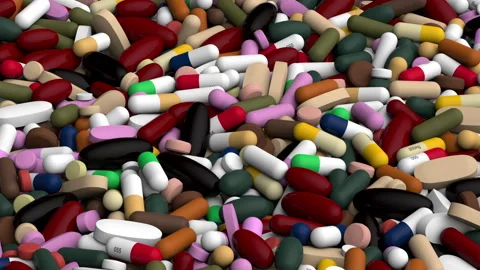 Flying over endless pills pile - 3d render looped. Stock Footage 325033288
