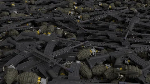 Flying over endless weapon pile - 3d render looped. Vidéo 330296306