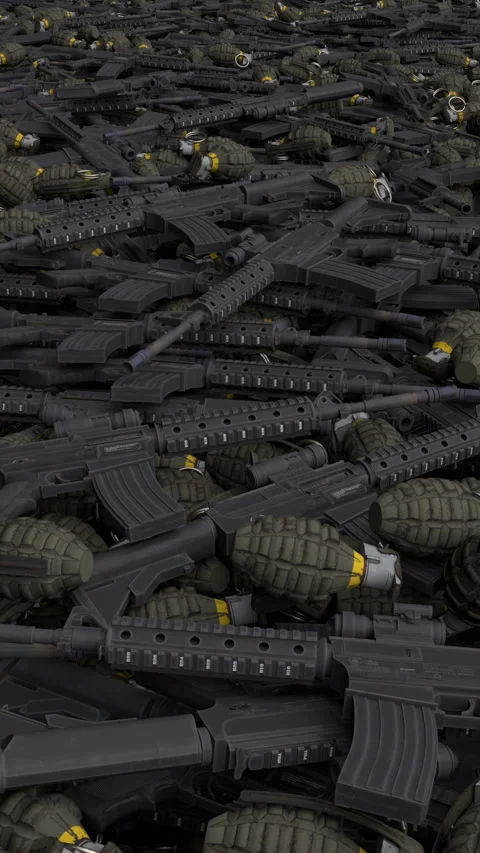 Flying over endless weapon pile - 3d render looped. Видео 330296308
