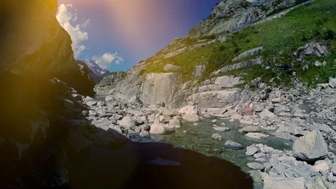 Flying over epic stone rocks in mountain river aerial view scenery Stock Footage 74089049