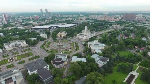 Flying over the exhibition complex VDNH Stock Footage 83398969