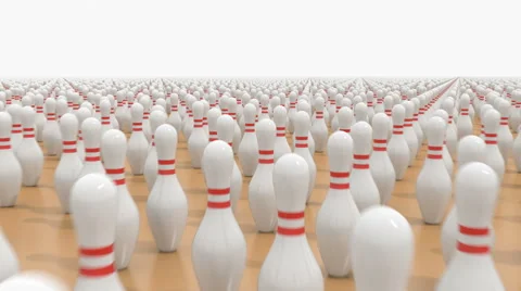 Flying over the field covered by endless bowling pins Stock Footage 48039798