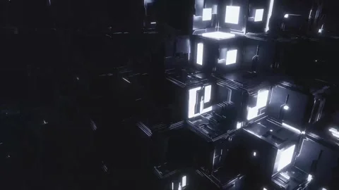 Flying over a field of glowing sci-fi cubes Stock Footage 346780487
