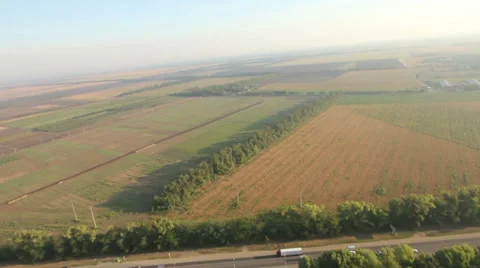 Flying over fields and forest belt road Видео 38606176