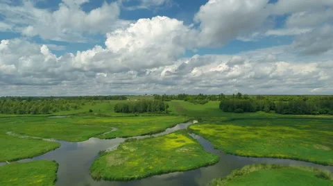 Flying Over Fields and River Video stock 64737272