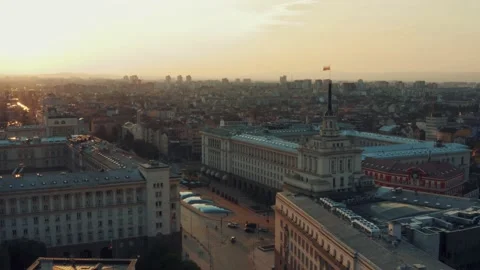 Flying over flag of Sofia sunset in Bulgaria 4K Stock Footage 220416123