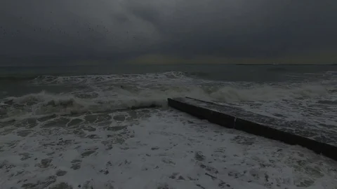 Flying over foamy surf. A storm at sea. Aerial. 스톡 동영상 74855213