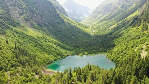 Flying over a forest and lake with turquoise water among the mountains in sunny Stock Footage 269301655