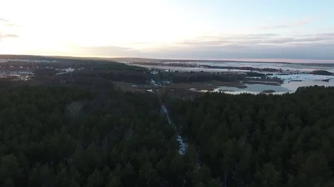 Flying over the forest to the lake at sunset Stock Footage 71798693