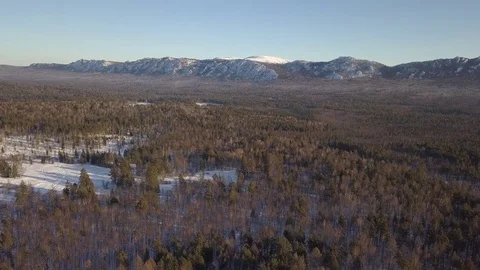 Flying over forest to the mountain ridge and big snow mountain Stock Footage 84177877
