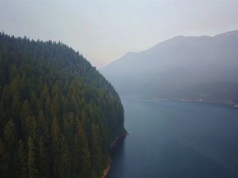 Flying over Forest Mountains and Lake Stock Footage 79165470