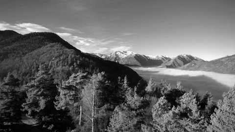 Flying over forest, mountains, sea of clouds, Montcalm mount, black and white. Stock Footage 101975448