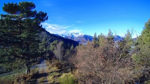 Flying over forest, pyrenean mountains, sea of clouds, snowy Montcalm mount. Stock Footage 101977376