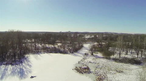 Flying over the forest in the winter with a reduction. Aerial view. Video stock 47159906