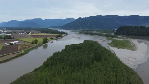Flying Over the Fraser River and Farm Fields in British Columbia Stock Footage 196120723