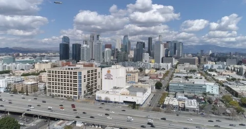 Flying over the freeway in DTLA Stock Footage 126029519