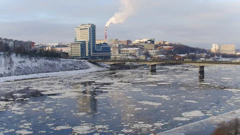 Flying over the freezing river Stock Footage 121851947