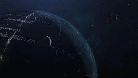 Flying over a futuristic alien planet covered in a glowing city at night. Stock Footage 217375786