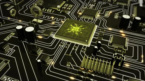 Flying over a futuristic circuit board ending on the CPU. Loopable. Video stock 59578245