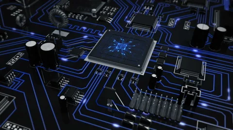 Flying over a futuristic circuit board ending on the CPU. Loopable. Grey-Blue. Video stock 59578272
