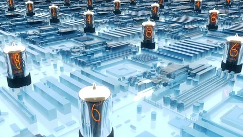 Flying over a futuristic circuit board with nixie tubes Stock Footage 78074537