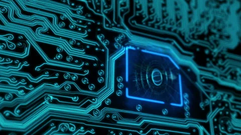 Flying over a futuristic circuit board with moving electrons ending on the CPU Stock Footage