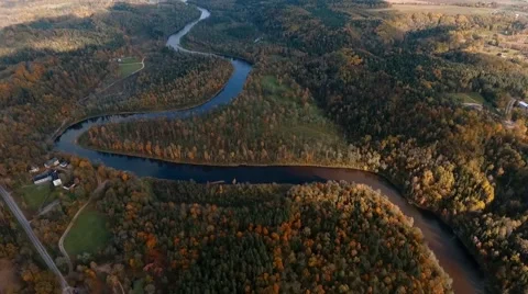 Flying over Gauja river on springtime, Sigulda, Latvia Stock Footage 68559658