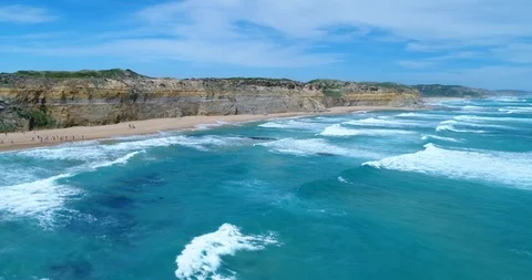 Flying over Gibson Steps, Great Ocean Road, 12 Apostels, Australia Stock Footage 98349904