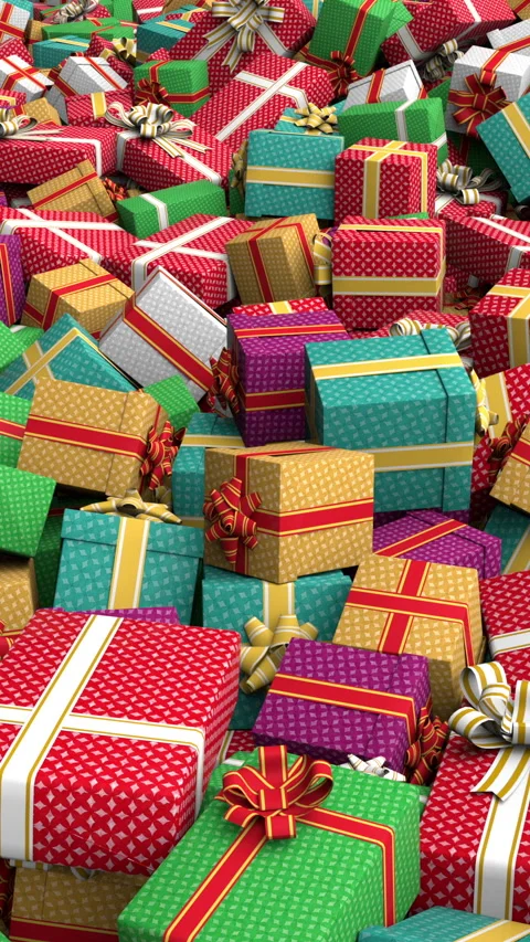 Flying over gift boxes pile looped – 3d render looped. Stock Footage 305304233