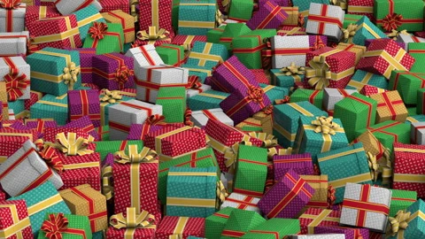 Flying over gift boxes pile looped – 3d render looped. Stock Footage 324786306