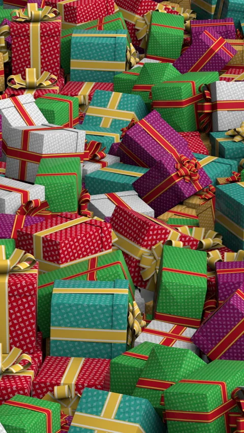 Flying over gift boxes pile looped – 3d render looped. Stock Footage 324786327