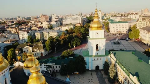 Flying Over the Golden Domes of St. Michael's Monastery on Mykhailivska Square Stock Footage 201435921