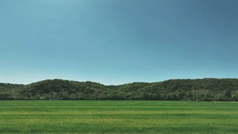 Flying over a grass field looking at a hillside of green trees. Stock Footage 238560149
