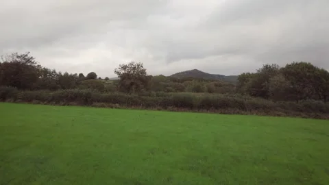Flying over grass field, rise to show wooded landscape, far hills, aerial drone Stock Footage 327244342