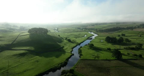 Flying over green fields in Yorkshire Dales Stock Footage 313880459