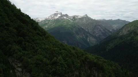 Flying over green mountain in spring view of snowy mountains Stock Footage 307878478