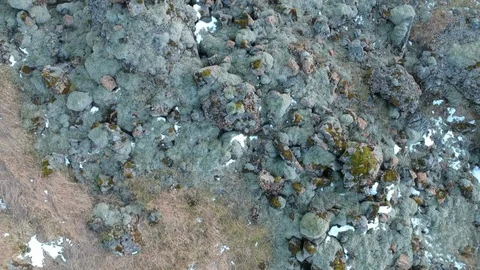 Flying over ground with snow - drone shot Stock Footage 107882504