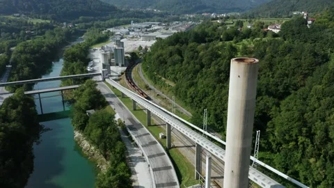 Flying Over Huge Chimney of Cement, Concrete and Aggregates Factory. Stock Footage 257200337