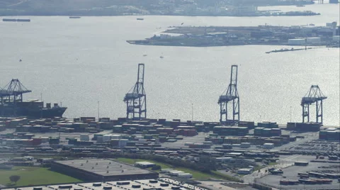 Flying over industrial cranes at loading docks in Baltimore Harbor, Maryland. Stock Footage 59214435