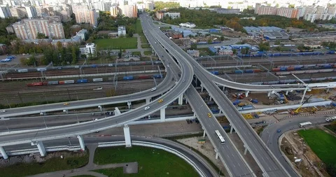 Flying over intersection across the rail tracks in Moscow, Russia Stock Footage 124625437