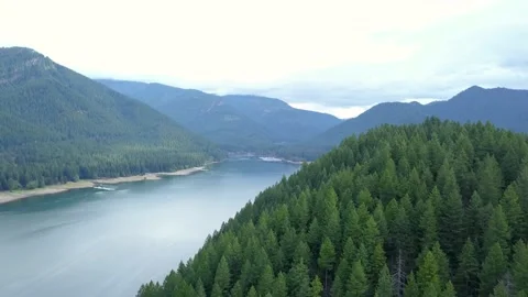 Flying over an island forest in the middle of Detroit Lake in Detroit, Oregon Stock Footage 167616004