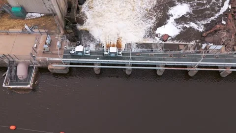 Flying over Jim Falls dam at high water Stock Footage 305775060