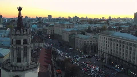 Flying over Kiev, Ukraine. Independence Square, aerial view. sunset, golden hour Stock Footage 242447085