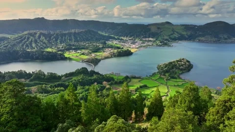 Flying over Lagoa das Sete Cidades lake in sunny day. Sao Miguel Island, Azores Stock Footage 169147804