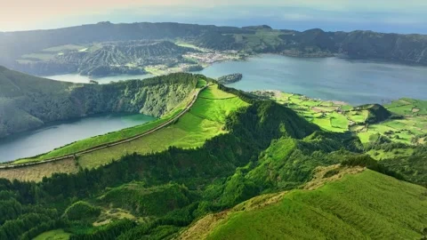 Flying over Lagoa das Sete Cidades lake in sunny day. Sao Miguel Island, Azores 스톡 동영상 235785314