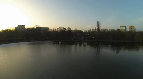 Flying Over A Lake In Bucharest Stock Footage 35416495