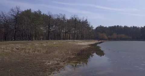 Flying over the lake in a park Stock Footage 73295679
