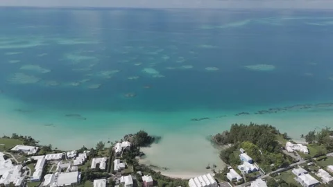 Flying over land to the atlantic ocean in Bermuda Stock-Footage 313843554