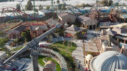 Flying over the Land of Legends theme park Video stock 124848995